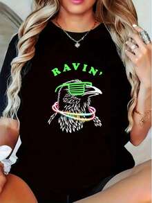 Camiseta Oversize, Camisetas de Mujer Y2K Retro Patrón de Fiesta - Camiseta Negra de 180g con Diseño de Pájaro Neón y "RAVIN", Diseño de Patrón Geométrico Festivo, Adecuada para Uso Casual, Top de Ajuste Cómodo - Negro - Ver 1