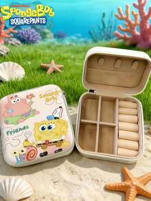 SpongeBob SquarePants 1 pieza Caja de joyería de cuero con 4 compartimentos con temática de Bob Esponja, caja de almacenamiento de joyería de escritorio de lujo con múltiples compartimentos, ranuras para tarjetas y estilo de anime de Bob Esponja en colores aleatorios, caja de almacenamiento portátil y apilable para joyas, pendientes, collares, pulseras y accesorios, caja de almacenamiento esencial para damas - Multicolor - Ver 3