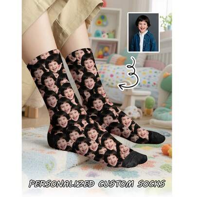 1 đôi tất trẻ em dài đến giữa bắp chân có thể tùy chỉnh, in được bất kỳ hình mặt nào, phù hợp cho cả bé trai và bé gái, tất in ảnh cá nhân, tất dài đến giữa bắp chân với họa tiết tùy chỉnh vui nhộn, thích hợp làm quà tặng ngày Valentine, sinh nhật.