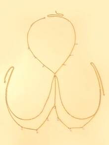 1pc Sexy Gold Bikini Body Chain, Fashionable Rhinestone Chest Chain For Women, Suitable For Beach Vacation - Gold - View 3