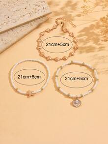 3pcs/Set Summer Beach Vacation Style Beaded Seashell & Starfish Pendant Anklet, Handmade Gold Shell Chain Fashion Foot Jewelry Suitable For Daily, Date, Dinner And Beach Vacation Wear. The Seashell Handmade Chain Can Be Cut To Desired Length, Seashell Quantity Is Random. - Multicolor - View 4