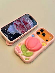 优雅硅胶一体式支架玫瑰花手机壳，适用于 17 Pro Max、16、15 Plus，柔软可爱甜美少女风格，防摔保护套 - 粉色 - 查看 4