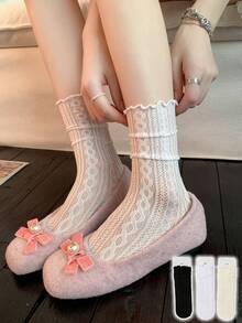 1/3 Pairs Spring/Summer Thin Knee-High Socks, Ballerina Style Mid-Calf Socks, Lolita Cable Knit JK Socks, Mesh Hollow Slouch Socks, No-Show Socks, Lace Straight Tube Socks - Multicolor - View 1