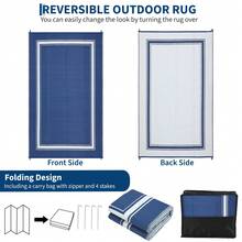 Outdoor Rug Waterproof Double-Sided Mat With Border Comes With 4 Pegs And Storage Bag Washable Garden Decor Rug For Balcony Patio Camping RV Picnic Beach - Dark Blue and White - View 6