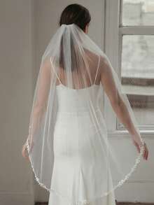 婚纱头纱蕾丝边新娘头纱带梳子1米婚纱头纱薄扇形蕾丝边曼蒂拉新娘配饰 - 彩色 - 查看 3