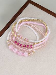 5pcs Delicate Pink Crystal Beads & White Rice Pearls, CCB Beads Multi-Layer Bracelet Set, Suitable For Women's Daily Wear - Multicolor - View 2