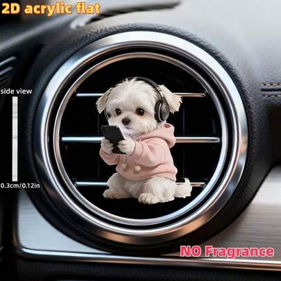 1 pieza Decoración de clip de ventilación de coche con patrón de perro Maltés lindo con sudadera rosa mirando un teléfono móvil, "Con fragancia", decoración de dibujos animados de acrílico, accesorio de interior de coche, ambientador de clip, adecuado para regalos de vacaciones