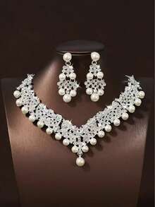 1 Set Bridal Accessories, Classic Elegant Pearl Crown, Luxury Necklace And Earrings 4pcs Jewelry Set, Suitable For Wedding Dress, Gown, Party, Prom - 白色 - 查看 12
