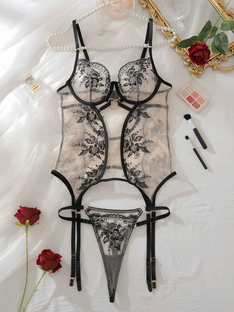 4-Piece Sexy Lingerie Set Sheer Mesh Floral Embroidery Adjusted Straps Tops With Thong Fishnet Stockings Fittness Lightweight Hot Exotic Apparel Nightwear Couple Play Costume Sexy Cos For Women - 黑色 - 查看 1