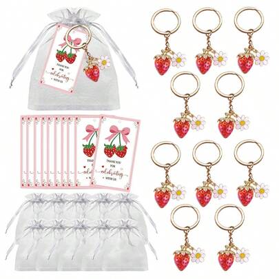Llavero de fresa, recuerdos de fiesta, lindo llavero de fresa con colgante, viene con tarjeta de agradecimiento y bolsa de organza, adecuado para baby shower, invitados de boda y decoraciones de fiestas festivas