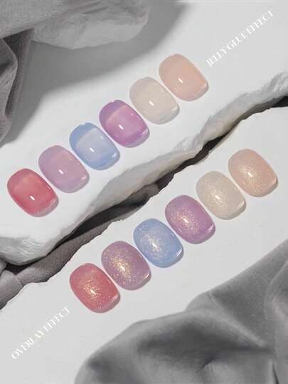 Mec 12ml 春夏果冻胶指甲油，流沙金，6种颜色可选，包括裸色、粉色、紫色和蓝色调，可叠加金色闪粉面油，打造光泽亮丽的玻璃质感，可卸除，UV/LED灯固化，持久耐用，适合海滩、婚礼和日常美甲。