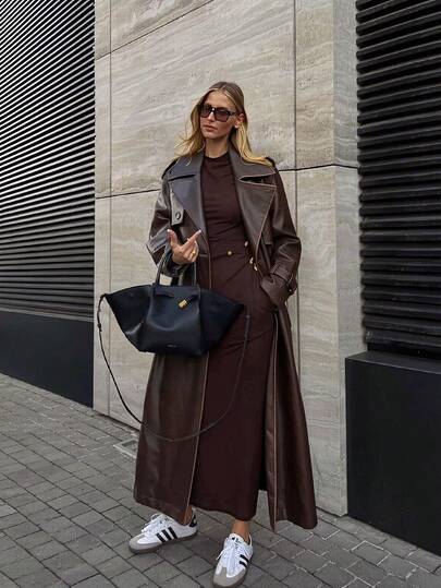 Women's Spring/Autumn PU Long Jacket, Fashionable Lightweight Windbreaker With Adjustable Waist Belt - Versatile Commuter Coat