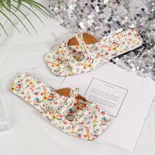 Women's French Style Bowknot Decor Sandals, Fashion Versatile Hollow Out Retro Low Chunky Heel 2.3cm Mules Slippers For Summer - White Floral Print - View 7