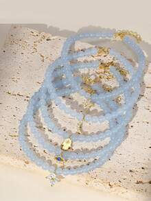 FOREVER QUEEN 1pc 925 Sterling Silver Aquamarine Agate Handmade Beaded Moon, Star, Clover Bracelet For Women & Girls - Aquamarine - View 7