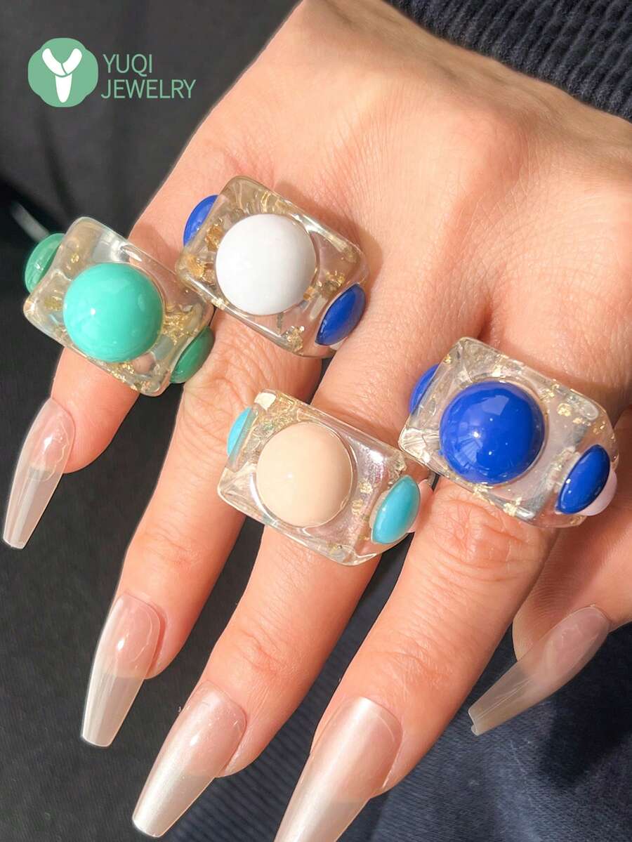 4 chiếc nhẫn nhựa dày màu hổ phách ombre, hình vuông độc đáo, nhẫn mùa hè trong suốt dành cho nữ - Nhiều màu B - Xem 1