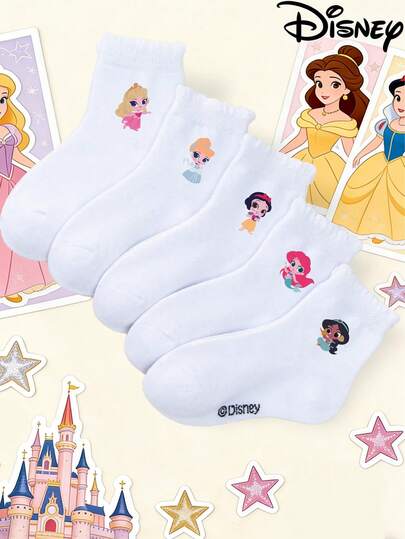 Disney 1/5双公主风可爱短袜，图案精美，荷叶边中筒袜，韩版卡通风格，男女童款短袜，儿童短袜。适合日常穿着、派对礼物、复活节、春季、夏季，轻薄透气。甜美可爱，卡通图案，时尚休闲透气学生袜，适合日常穿着、返校季、节日礼物。