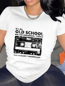 Women's Casual Short Sleeve T-Shirt With Magnetic Tape Print And Round Neck - Unisex Urban Vintage Style, Loose Fit 100% Pure Cotton T-Shirt - 白色 - 查看 4