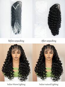 24英寸波浪卷蕾丝前假发，女士款 - 自然卷曲合成发际线，预先拔毛的13x6蕾丝，耐热纤维，适合日常佩戴 | 波浪卷 | 蕾丝前假发，合成蕾丝前假发 - 黑色 - 查看 12