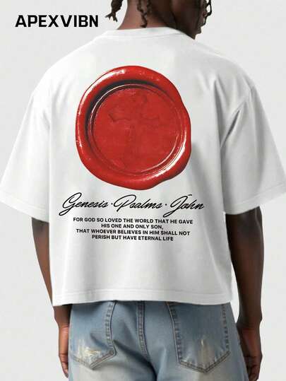 复古圣经经文印花T恤，“上帝爱世人”，宽松纯棉短款露脐上衣