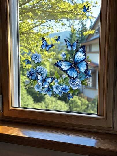 1 PIEZA Pegatina de pared decorativa con diseño de mariposa azul y flor, de estilo creativo, con efecto electrostático, autoadhesiva y removible, con acabado semibrillante, adecuada para sala de estar, dormitorio, habitación infantil, decoración del hogar, regalo decorativo, regalo de cumpleaños y graduación, agrega vitalidad a tu hogar