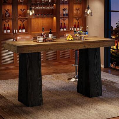 LITTLE TREE 160cm Rustic Wood Bar Table Rectangular Counter Height Pub Table Thick Tabletop Sturdy Base For Kitchen Dining Room