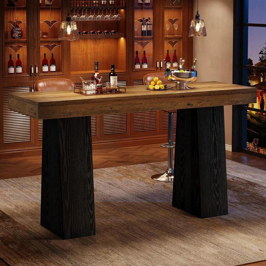 LITTLE TREE 160cm Rustic Wood Bar Table Rectangular Counter Height Pub Table Thick Tabletop Sturdy Base For Kitchen Dining Room - Brownish Black - View 1