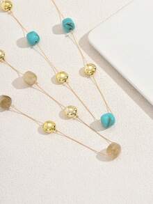 1pc Minimalist Vacation Style Square Turquoise & Golden Bead Interval Beaded Long Necklace, Suitable For Women Summer Beach Holiday & Date - Multicolor - View 6