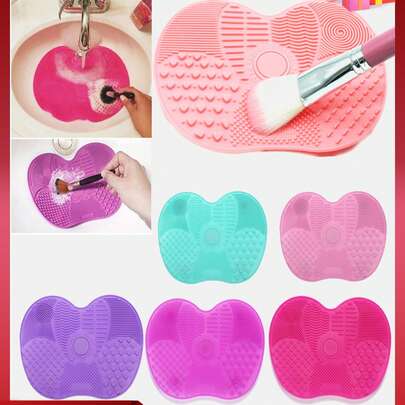 1pc Silicone Makeup Brush Cleaning Mat With Suction Cup, Silicone Apple-Shaped Brush Washing Pad, Beauty Tool Brush Cleaning Mat, Makeup Brush Cleaner