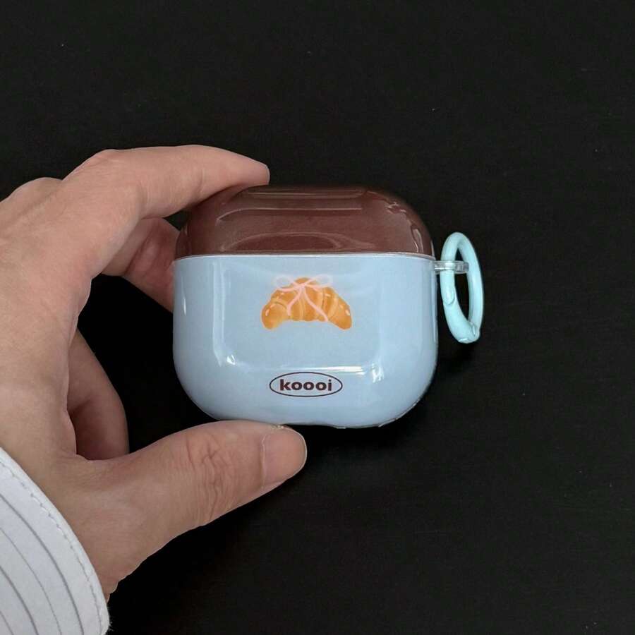 Blue Background 1pc Croissant + Blue Circle Earphone Case Compatible With Apple Pro3/Pro2/AirPods4/AirPods3/AirPods2, Fashion Women Earphone Case, Minimalist Earphone Case, Apple Earphone Case, Apple Earphone Cover, Men Earphone Case - Dusty Blue - View 1