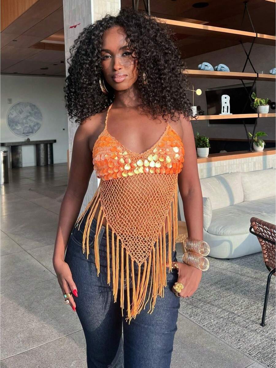 Women Sequin Fringe Knit Crop Halter Top Boho Hollow Out V Neck Sleeveless Backless Tassel Tank Top Summer Beach Vest - 橘色 - 查看 1