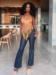 Women Sequin Fringe Knit Crop Halter Top Boho Hollow Out V Neck Sleeveless Backless Tassel Tank Top Summer Beach Vest - 橘色 - 查看 3