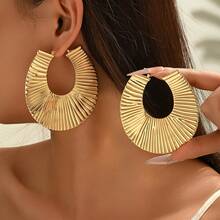 一套时尚夸张几何扇形热带棕榈叶元素耳环，复古夸张条纹圈形耳环，适合派对、通勤或作为节日礼物 - 金色 - 查看 4