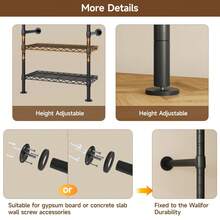 ONBRILL L5 Wall Mounted Closet System, Adjustable Industrial Pipe Clothes Rack Clothing Racks With 4 Telescopic Rods & 3 Fixing Rods & 9 Shelves, Heavy Duty Closet Organizers And Storage For Hanging Clothes, Black - L5 Black - 查看 7