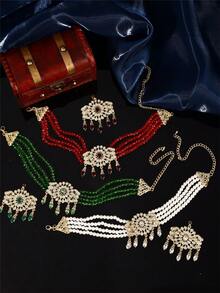 1 Set Gold Plated Crystal Choker Necklace & Maang Tikka Set With Detachable Brooch, Pakistani Bridal Jewelry For Party & Wedding - Gold - View 7