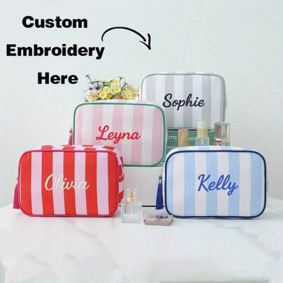 Personalized Embroidered Striped Tassel Cosmetic Bag, Personalized Embroidered Name Storage Bag, Zipper Cosmetic Bag, Travel Toiletry Bag, Travel Accessories, Multifunctional, Decorative, Labeled, Fashionable, Modern, Colorful, Cute, Casual, Personalized Custom, Unique, Custom, Ideal Gift For Men, Ideal Gift For Women, Children's Personalized Backpack And Luggage