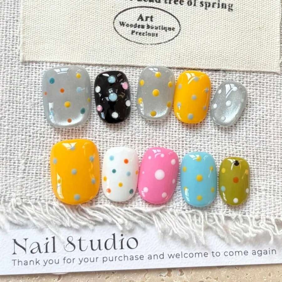 Retro Polka Dot Cat Eye Press On Nails| 10Pcs Rainbow Bubblegum Pop Art Fake Nails| Reusable Full Cover False Nails| Perfect For Daily, Party, Dating & Holiday| Cute Nail Art Tips For Women - S - 查看 1