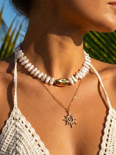 两件套波西米亚风不对称造型仿珍珠项链，太阳吊坠项链，双层可叠戴，适合女性出席派对和宴会，也非常适合海滩拍照