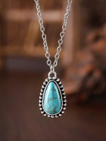 Vintage Turquoise Teardrop Pendant Necklace, Bohemian Style Minimalist Necklace Accessory, Gift