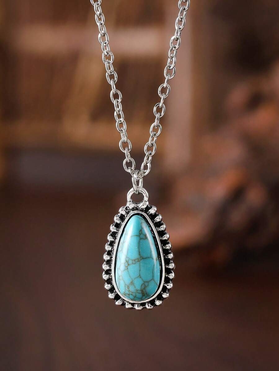 Vintage Turquoise Teardrop Pendant Necklace, Bohemian Style Minimalist Necklace Accessory, Gift - Colorful - View 1