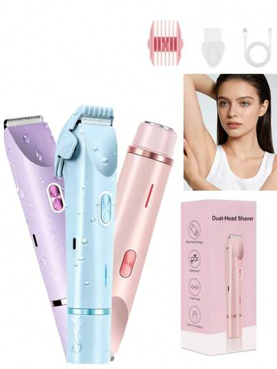HYUNDAI 2-In-1 Women's Electric Shaver - Dual Head Electric Shaver - IPX7 Waterproof Wet & Dry Body Hair Trimmer And Facial Epilator For Bikini, Underarms, Legs And Arms