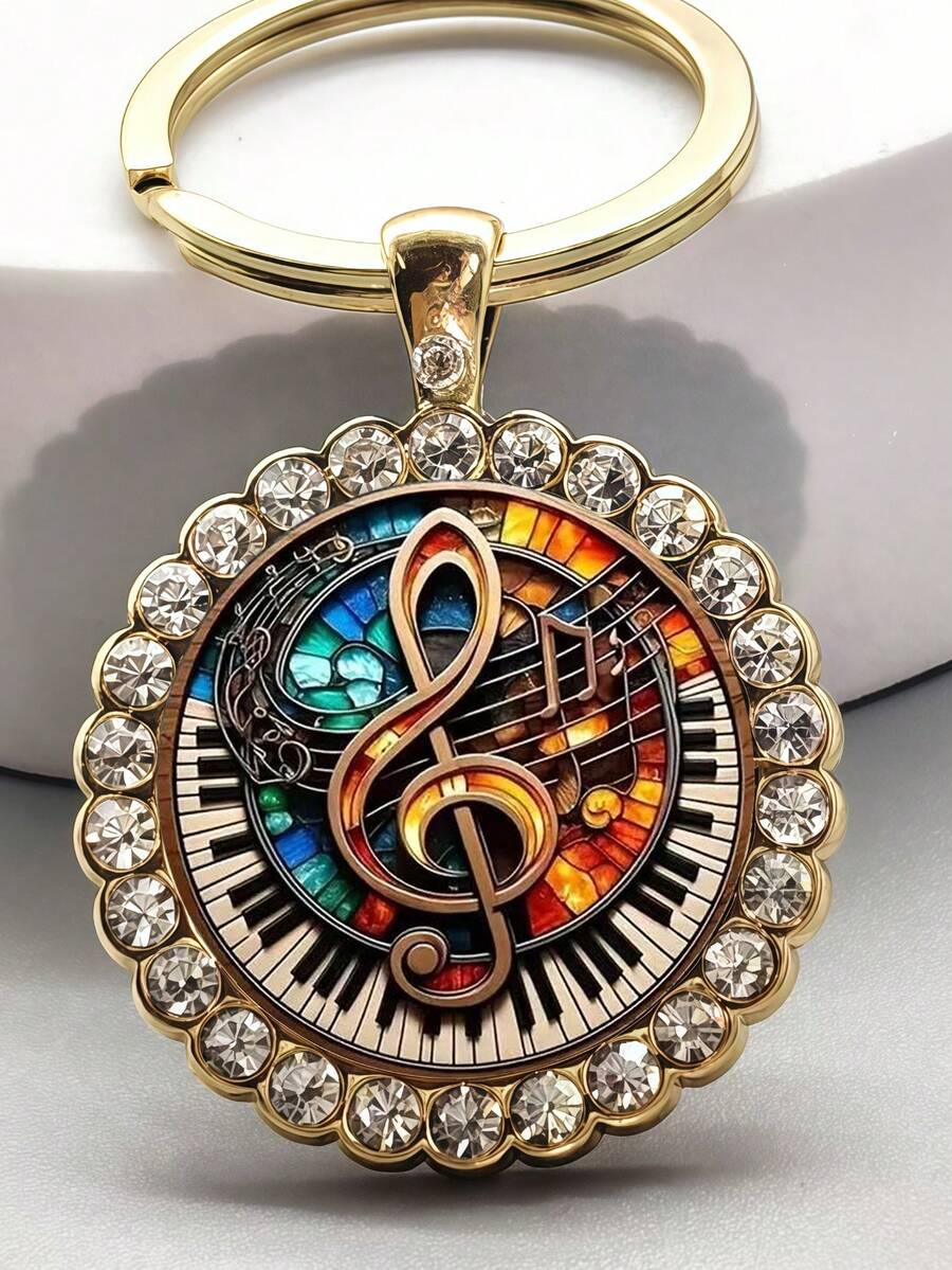 1个音乐图案圆形钥匙扣，适用于包包、钥匙，是万圣节、感恩节、圣诞节、周年纪念日的理想礼物。
