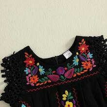 Toddler Baby Infant Girls Summer Cotton Linen Boho Dress Floral Embroidery Square Neck Lace Ruffle Fly Sleeve Sleeveless Summer Beach Sundress Vacation Bohemian Dress A-Line Dress - 黑色 - 查看 7