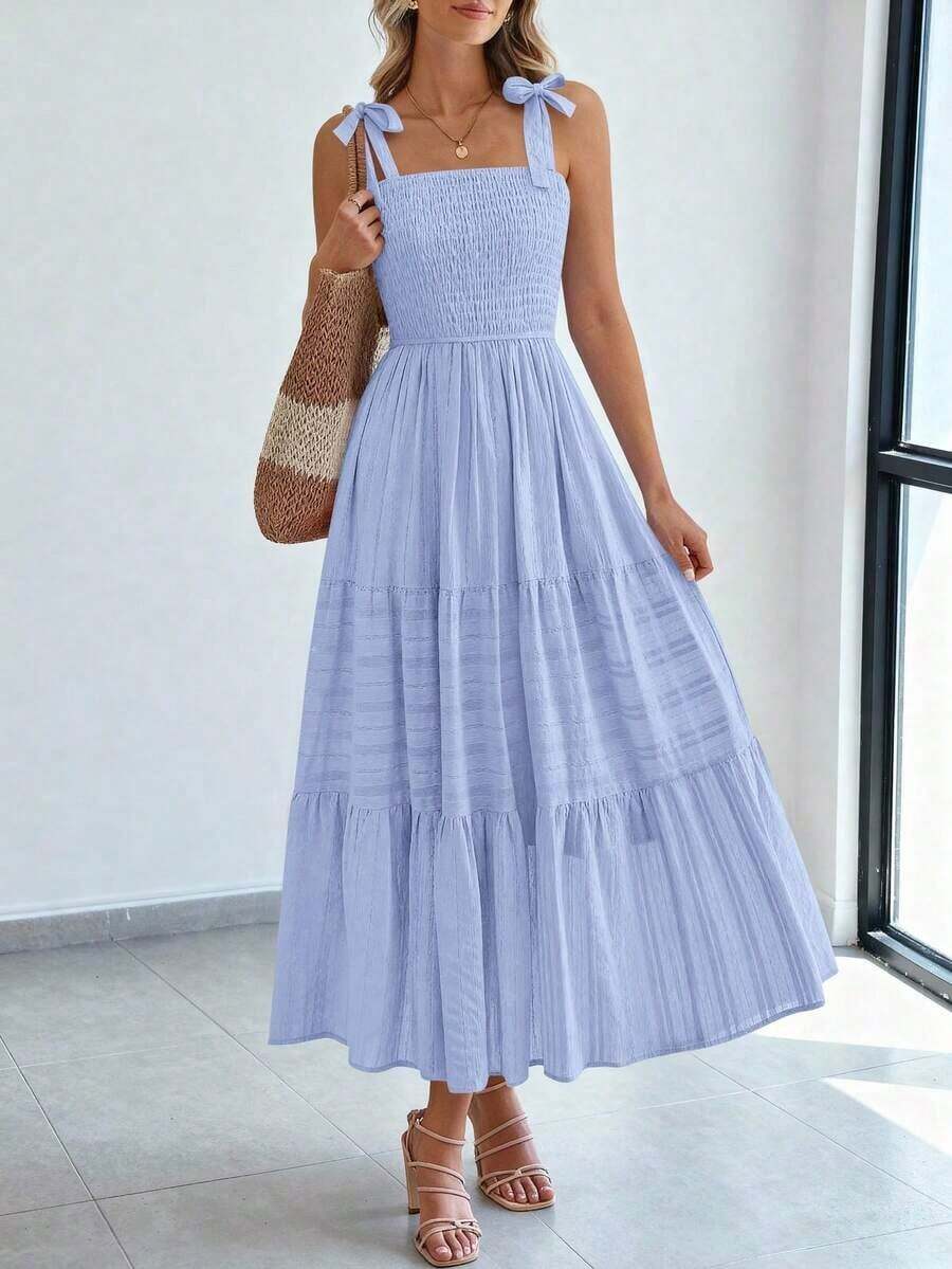 Women's Boho A-Line Maxi Dress, Summer Sleeveless Tie Shoulder Smocked High Waist Long Sundress With Pockets, Casual Dress For Beach Vacation & Holiday Outings - Light Blue - 查看 1