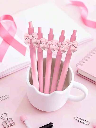 4支装蝴蝶结圆珠笔 - 0.5毫米顺滑笔尖，可爱蝴蝶结设计，粉色，适合学校、办公室、日记和送礼，校园书写工具 | 有趣的笔身造型 | 粉色主题文具