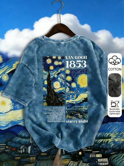 Van Gogh Starry Sky Artistic Design, Letter Print Vintage Washed Plus Size Women T-Shirt, Casual Loose Clothing, Summer/Autumn Tops, Plus Size Autumn/Winter Outerwear