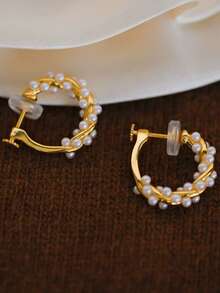 1 Pair Fashion New Faux Pearl Integrated Earrings For Women, Clip-On Spiral Earrings Without Piercing, Suitable For Daily Wear - Ear Clip - View 6