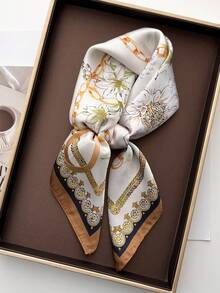 1条方形真丝围巾，女士缎面链条印花发带，颈巾，头巾，时尚女士头巾，披肩，围巾 - 棕色 - 查看 1