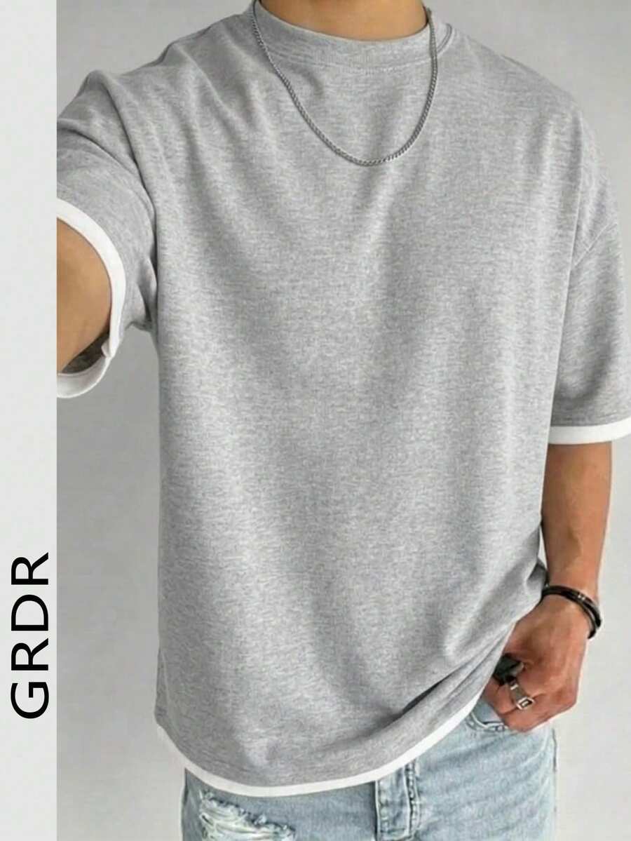 GRDR 男士经典二合一圆领短袖T恤，时尚简约通勤百搭 - 淺灰色 - 查看 1