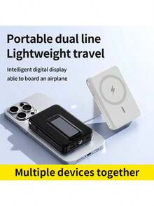 10000mAh Mini Magnetic Fast Charging Power Bank With Digital Screen LED Power Display, 2 Built-In Charging Cables, Built-In Stand Magnetic Power Bank, USB-C Portable Charger, Can Charge 5 Devices Simultaneously, Suitable For IPhone 16/15/14/13/Pro/Mini/Pro Max, Suitable For Android, Comes With Stand, Built-In Stand Magnetic Power Bank, Travel Essentials, Perfect Gift - 白色 - 查看 4