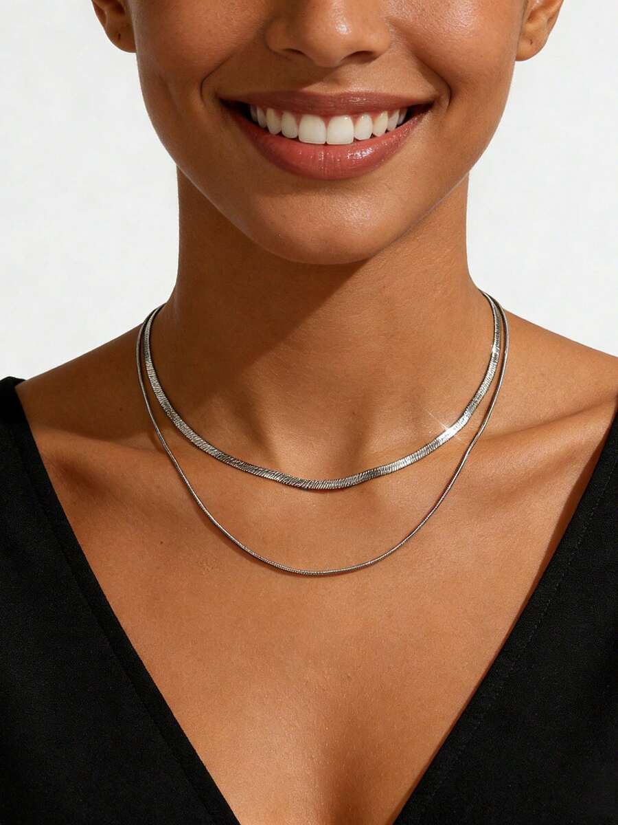 1pc Luxury Double-Layer Collarbones Chain, European And American Style Silver Snake Bone Chain, Versatile Multi-Layer Necklace - Silver - View 1